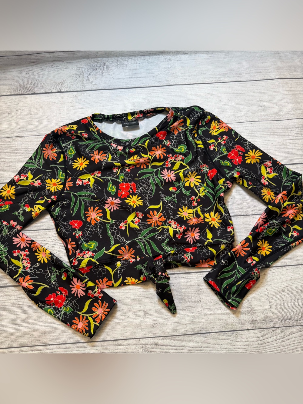 kate spade Black Floral Tie-Front Long Sleeve Swim Crop Rash Guard